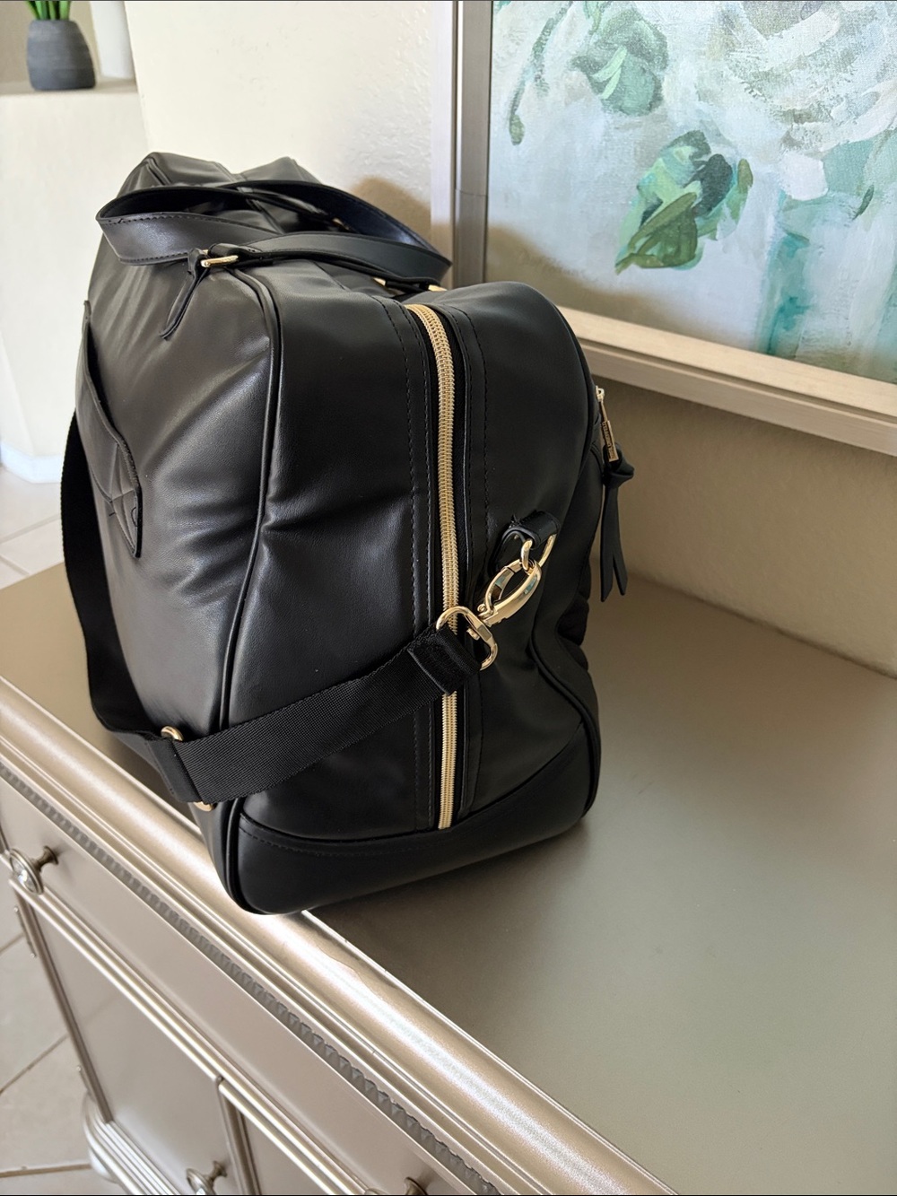 Karl Lagerfeld Black Quilted Duffel Bag with Gold Trim and Enamel Pins - Picture 4 of 5